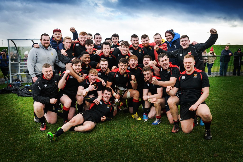 IT Carlow team celebrate capturing the 2017 O'Boyle Cup with a 24-15 win over Athlone IT. Photo by Paddy Barrett