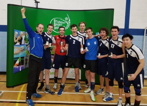 University College Dublin celebrate their win over Athlone IT in the final of the 2017 SSI Men's Volleyball Competition. 