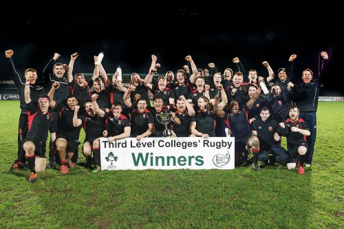 IT Carlow Men's Rugby team celebrate winning the 2017 SSI/IRFU Brendan Johnston Cup with a 15-14 win over Garda College. Photo Credit Paddy Barrett