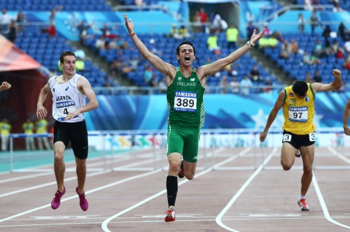 Thomas Barr crosses the line in the 400m hurdles to take Gold at the 2015 World University Games in Gwangju, South Korea