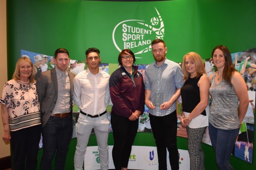 Pictured following the awarding to IT Carlow Boxing Club of the Student Sport Ireland Event of the Year 2016-17 for its "Showdown in the Barrow" boxing event, from left: Carmel Lynch, Chairperson of Student Sport Ireland; Donal McNally, Director of Sport IT Carlow; Eoghan Chelmiah, student member, IT Carlow Boxing Club; Lindsay Peat, Irish Rugby International (Special Guest); Jake McNally, student member, IT Carlow Boxing Club; Paula Hickey, IT Carlow Sports Centre Supervisor; Jackie Kinch, IT Carlow Clubs and Societies Intern. 