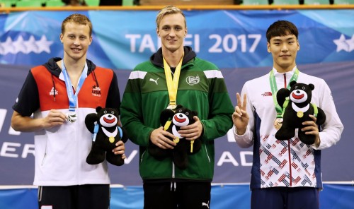 2017 World University Games 50m Backstroke Final USA's Justin Rees (Silver), Ireland's Shane Ryan (Gold) and Youngjun Won (Bronze) of Republic of Korea on the podium.