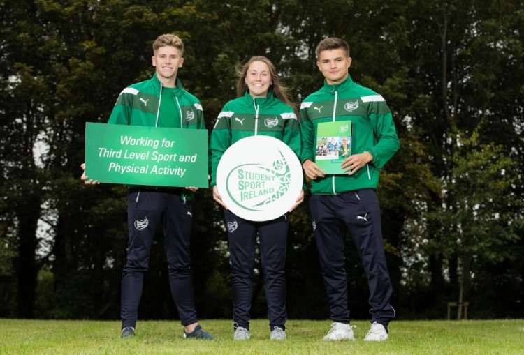 World University Games Students Jamie Hollywood (ITB), Eleanor Ryan Doyle (ITB) and Daire O'Connor (UCD) launch the new SSI Strategic Plan at the Sport Ireland National Sports Campus