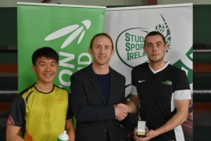 Left to right: Student Sport Ireland Badminton Ireland Men's Open Singles presentation, runner up  Wee Lun Foo (Athlone IT), Ronan Keaskin (SSI Sports Clubs and Competitions Committee), winner Luke Moore (IT Blanchardstown) 